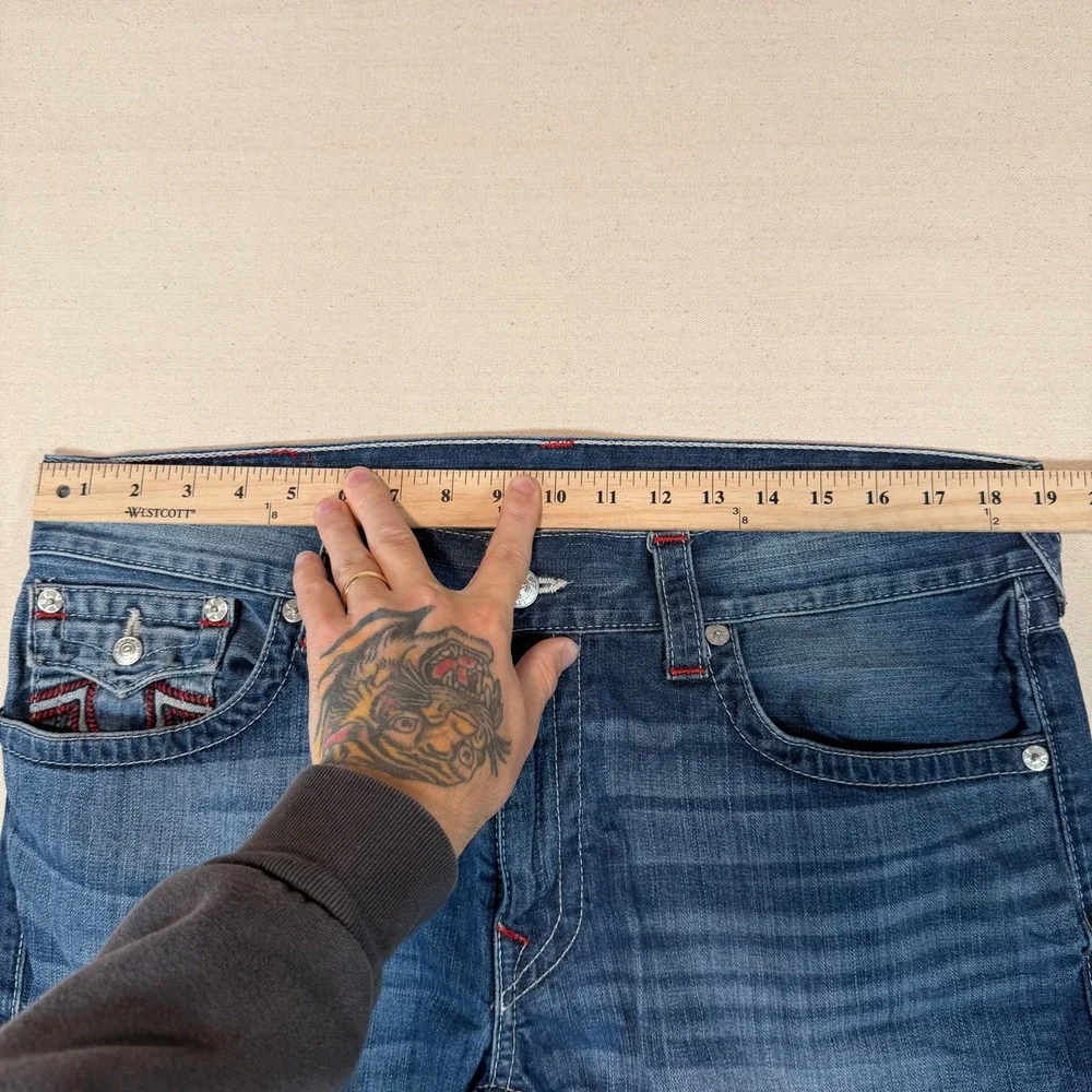 True Religion Section Straight Jeans Mens 38x32.5 Blue Denim Red Contrast Stitch